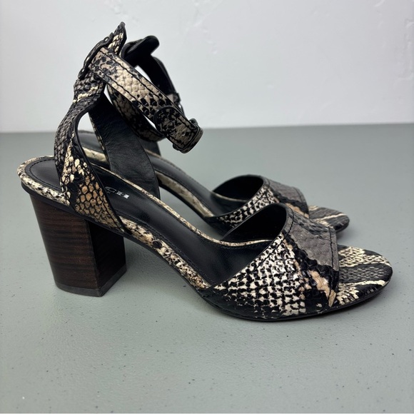Coach Pipher Women's Heels Sandals 6.5B Black Snake Print Ankle Buckle Block - Picture 1 of 11